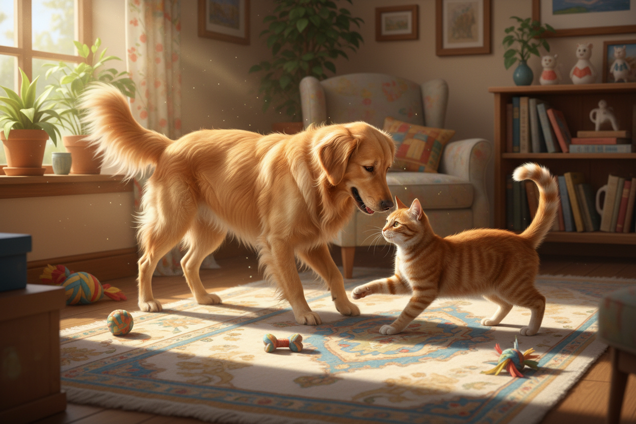 happy dog and cat playing